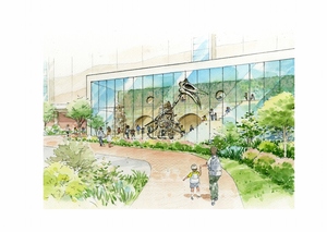 福井県勝山市の長尾山総合公園内に建設される星野リゾート系列ホテルのロビー部分の外観イメージ