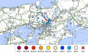 4月30日午後6時6分ごろ発生した地震による各地の震度（気象庁HP引用）