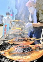 炭火で次々と焼かれ、香ばしい煙を上げるサバ＝７月１日、福井県大野市本町