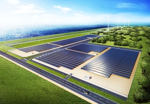 北陸電力グループが北陸のセブン―イレブン約300店舗に電力供給するため、テクノポート福井に建設する大規模太陽光発電所のイメージ図