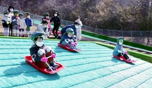 人工芝のちびっこゲレンデでそり遊びを楽しむ園児たち＝３月１８日、福井県の敦賀市総合運動公園